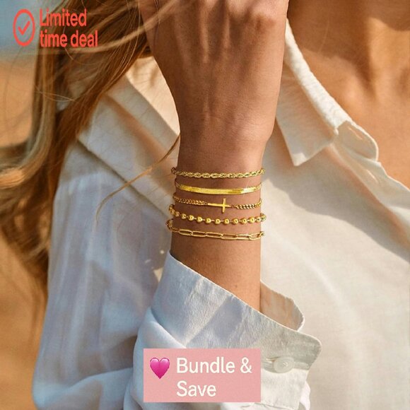 14k Gold Plated Snake Cuban Link Bracelet Set Stackable Christian Jewelry - Picture 2 of 8